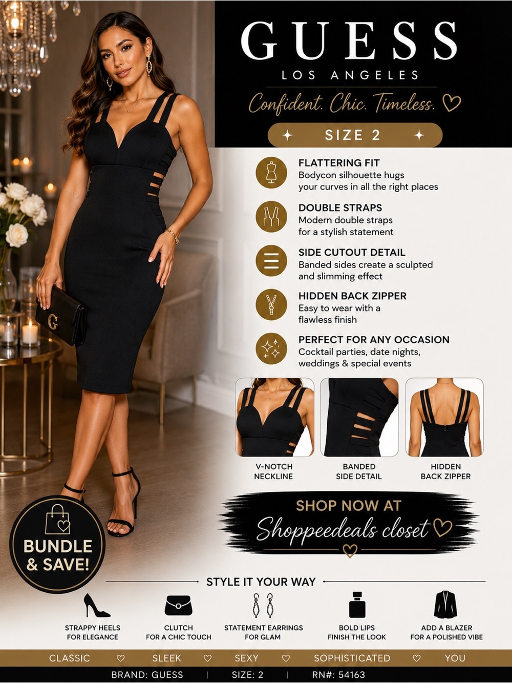 GUESS Los Angeles NWT Black Bodycon Cocktail Dress Size 2 Cutout Side Detail